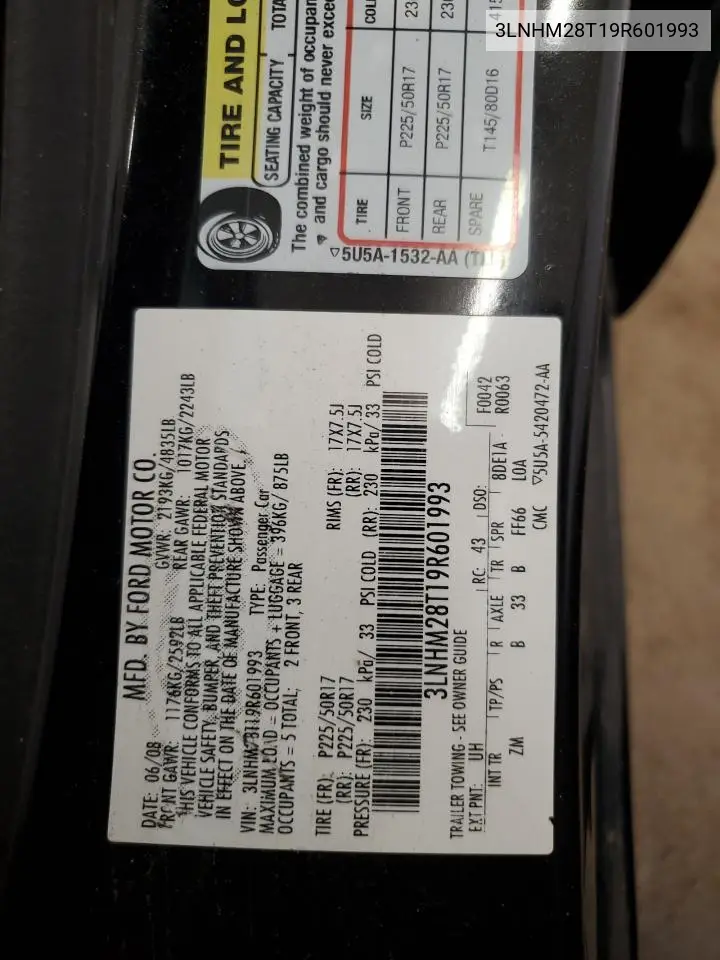 2009 Lincoln Mkz VIN: 3LNHM28T19R601993 Lot: 61201925