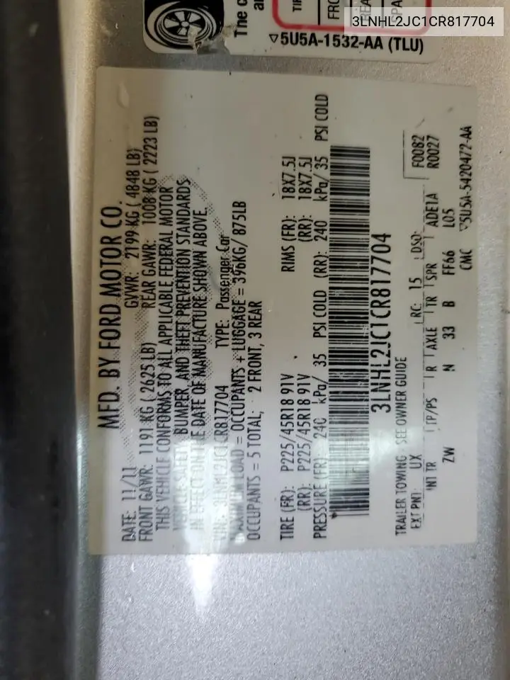 2012 Lincoln Mkz VIN: 3LNHL2JC1CR817704 Lot: 56728085