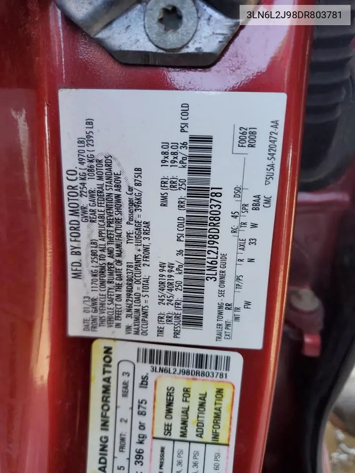 2013 Lincoln Mkz VIN: 3LN6L2J98DR803781 Lot: 57307205