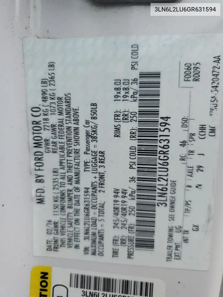2016 Lincoln Mkz Hybrid VIN: 3LN6L2LU6GR631594 Lot: 56802665