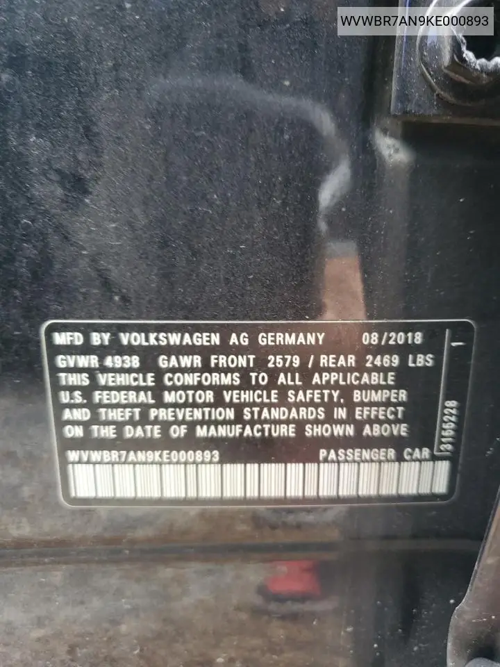 2019 Volkswagen Arteon Se VIN: WVWBR7AN9KE000893 Lot: 65250865