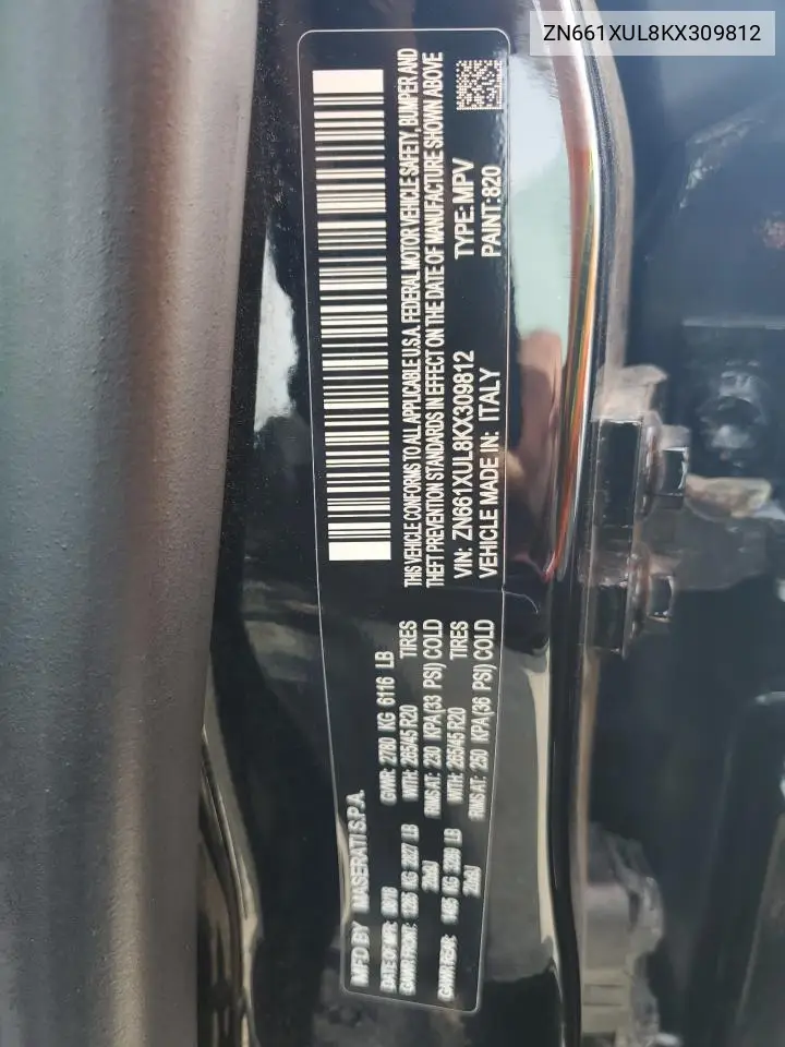 2019 Maserati Levante Luxury VIN: ZN661XUL8KX309812 Lot: 65565655