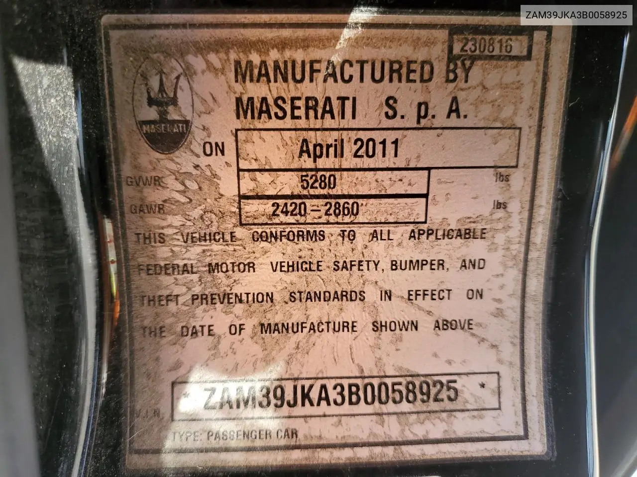 2011 Maserati Quattroporte S VIN: ZAM39JKA3B0058925 Lot: 61510955