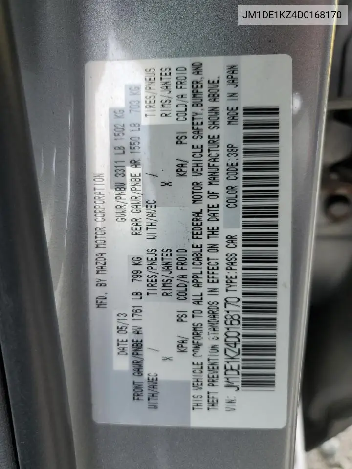 2013 Mazda Mazda2 VIN: JM1DE1KZ4D0168170 Lot: 61871565