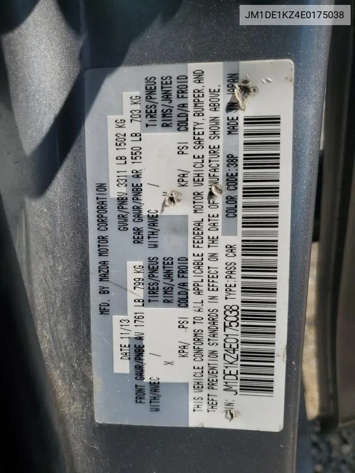 2014 Mazda Mazda2 Sport VIN: JM1DE1KZ4E0175038 Lot: 56654565