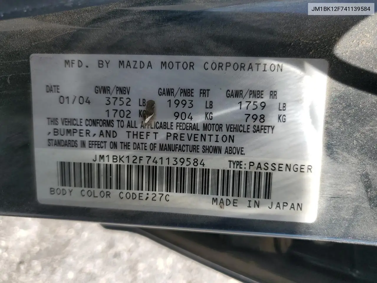 2004 Mazda 3 I VIN: JM1BK12F741139584 Lot: 57098595