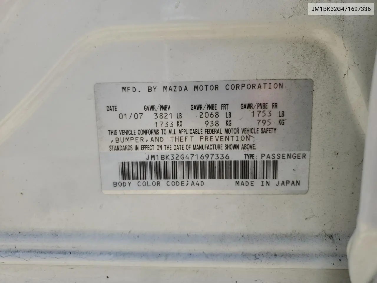 2007 Mazda 3 I VIN: JM1BK32G471697336 Lot: 56255825