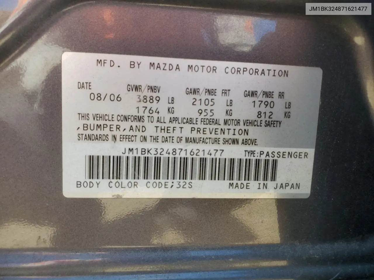 2007 Mazda 3 S VIN: JM1BK324871621477 Lot: 56334075