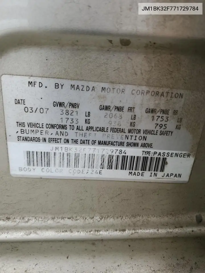 2007 Mazda 3 I VIN: JM1BK32F771729784 Lot: 56521465