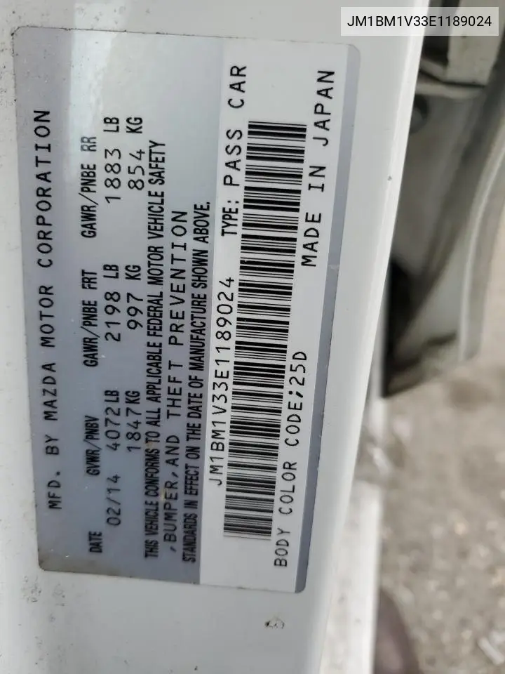 2014 Mazda 3 Touring VIN: JM1BM1V33E1189024 Lot: 56371915