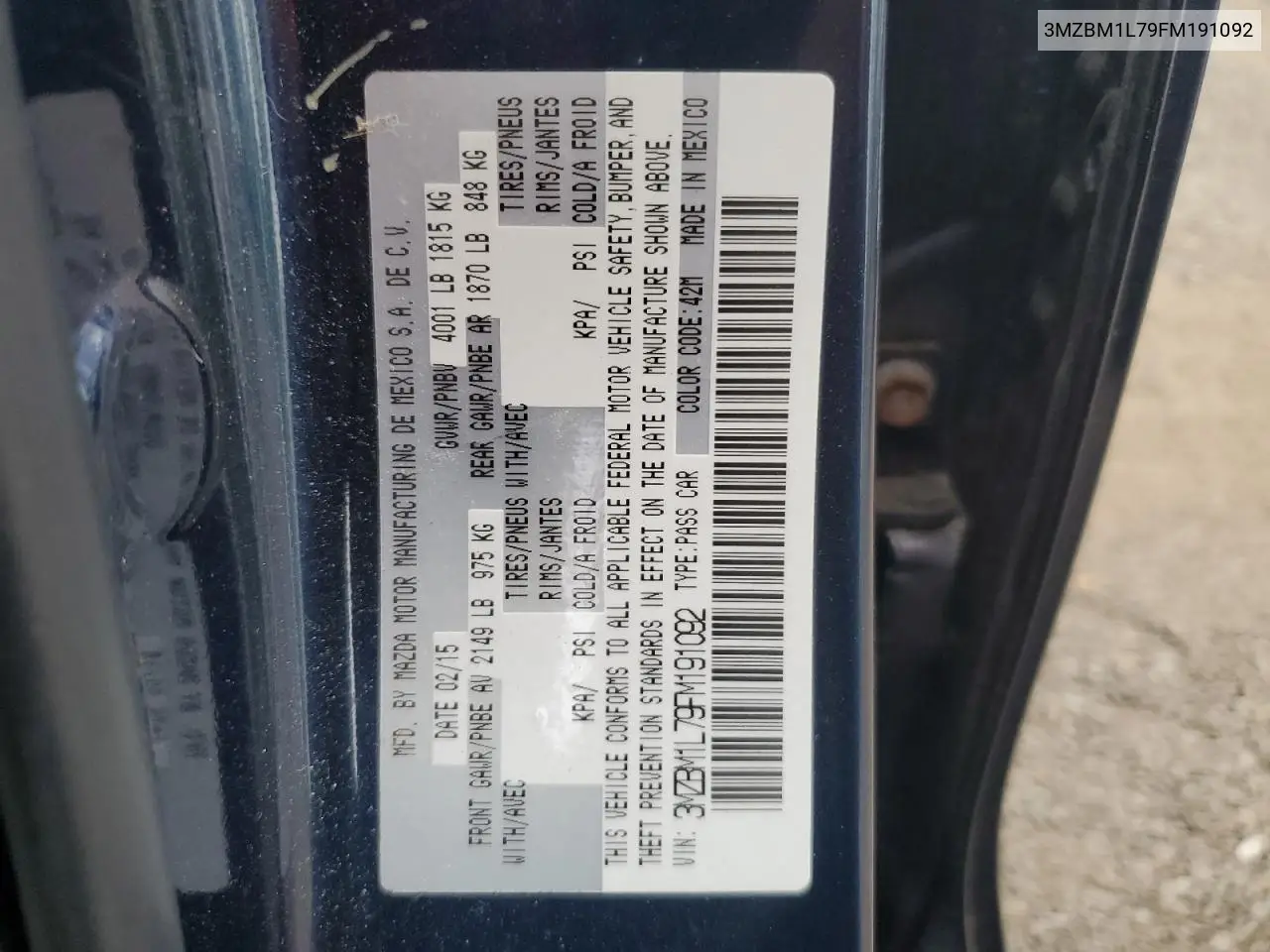 2015 Mazda 3 Touring VIN: 3MZBM1L79FM191092 Lot: 56698985