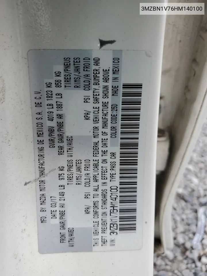 2017 Mazda 3 Touring VIN: 3MZBN1V76HM140100 Lot: 56780195