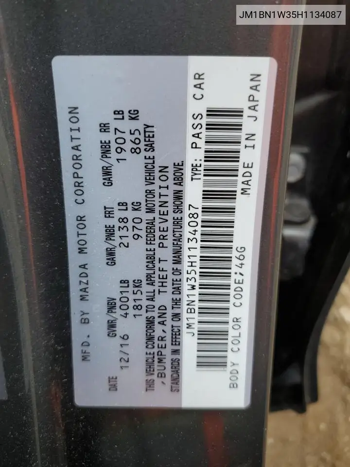 2017 Mazda 3 Grand Touring VIN: JM1BN1W35H1134087 Lot: 58492885