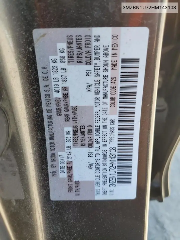 2017 Mazda 3 Sport VIN: 3MZBN1U72HM143108 Lot: 62814105
