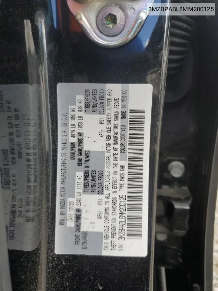 2021 Mazda 3 Select VIN: 3MZBPABL8MM200125 Lot: 56924555