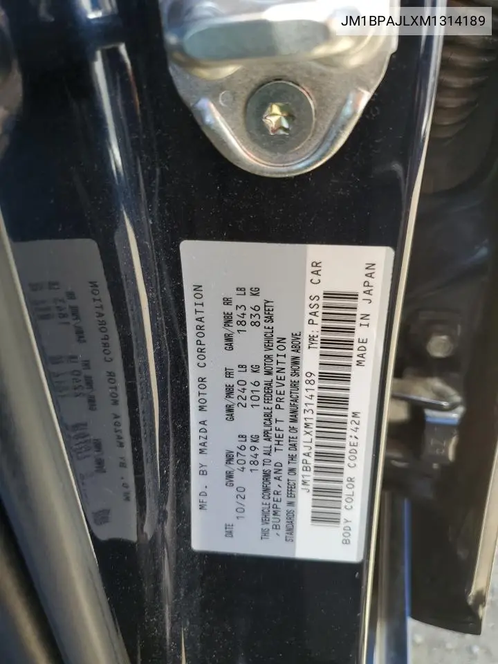 2021 Mazda 3 VIN: JM1BPAJLXM1314189 Lot: 62894725