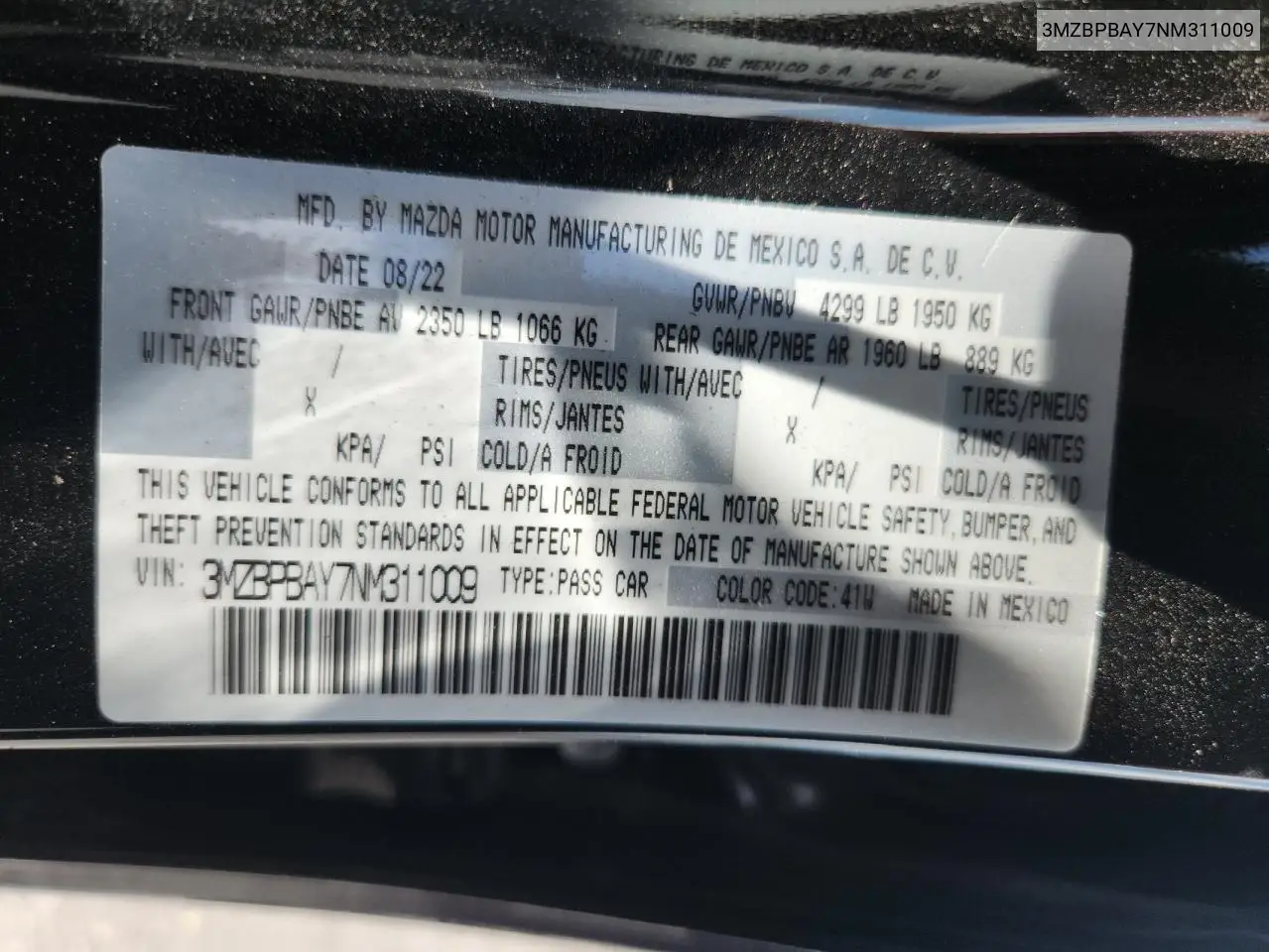 2022 Mazda 3 VIN: 3MZBPBAY7NM311009 Lot: 59160525