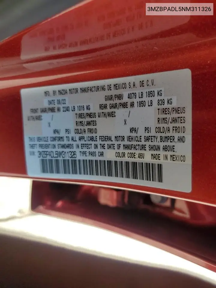 2022 Mazda 3 Premium VIN: 3MZBPADL5NM311326 Lot: 62138925