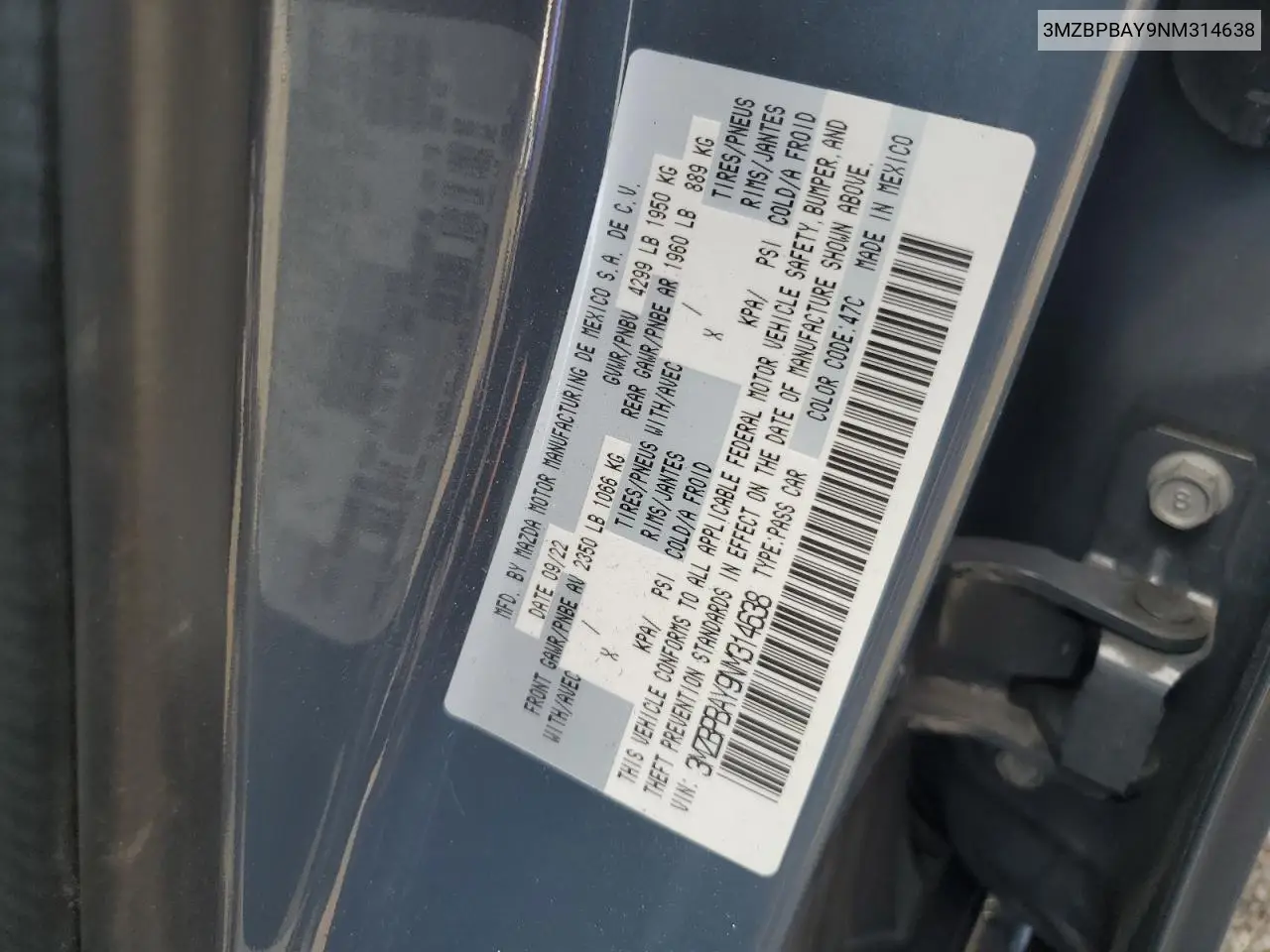 2022 Mazda 3 VIN: 3MZBPBAY9NM314638 Lot: 63976745