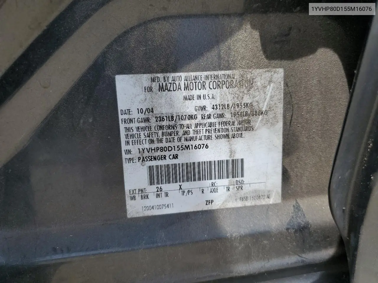2005 Mazda 6 S VIN: 1YVHP80D155M16076 Lot: 60790385