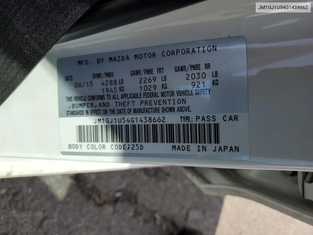 2016 Mazda 6 Sport VIN: JM1GJ1U54G1438662 Lot: 56027505