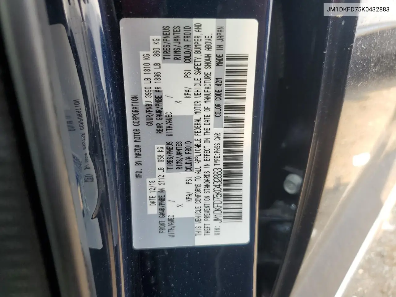2019 Mazda Cx-3 Grand Touring VIN: JM1DKFD75K0432883 Lot: 59920295