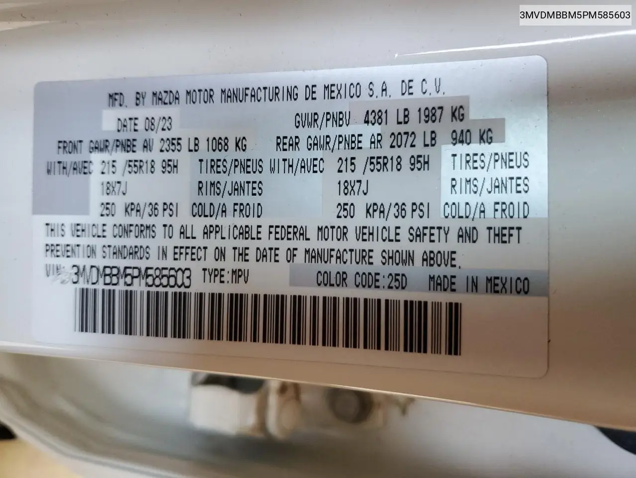 2023 Mazda Cx-30 Select VIN: 3MVDMBBM5PM585603 Lot: 62999815