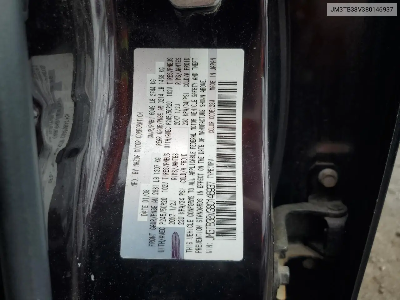 2008 Mazda Cx-9 VIN: JM3TB38V380146937 Lot: 55755375