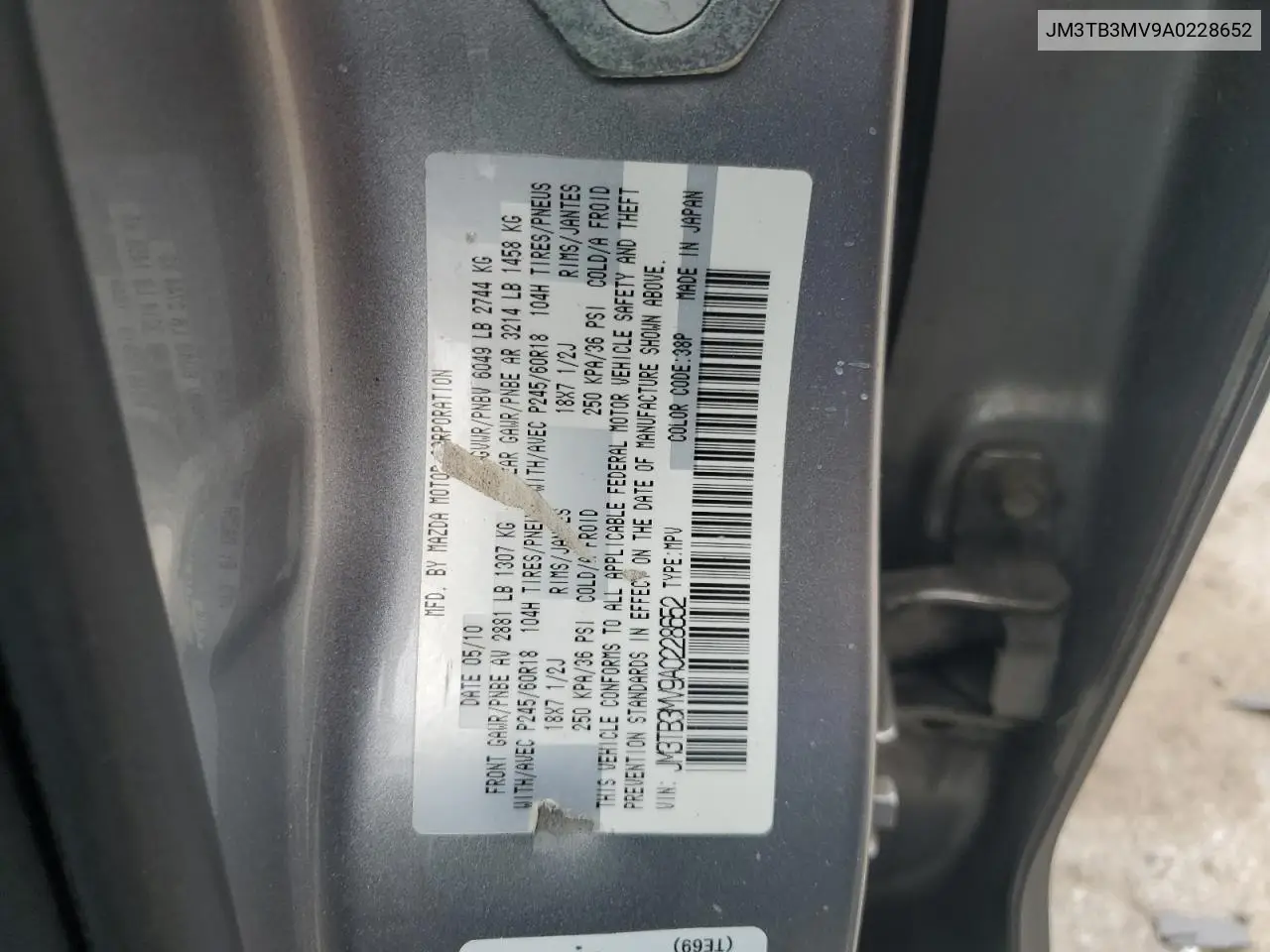 2010 Mazda Cx-9 VIN: JM3TB3MV9A0228652 Lot: 61540585