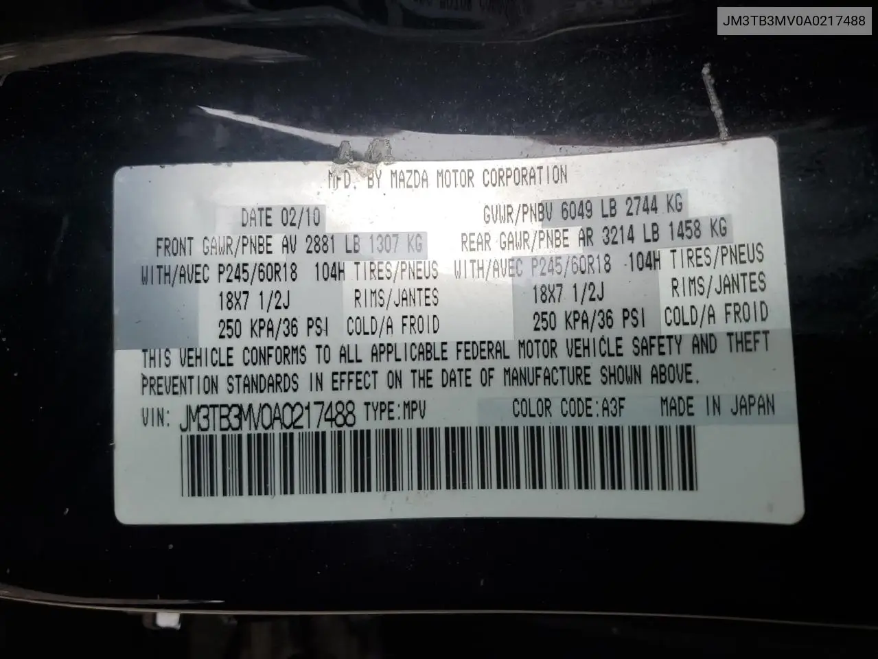 2010 Mazda Cx-9 VIN: JM3TB3MV0A0217488 Lot: 61720035
