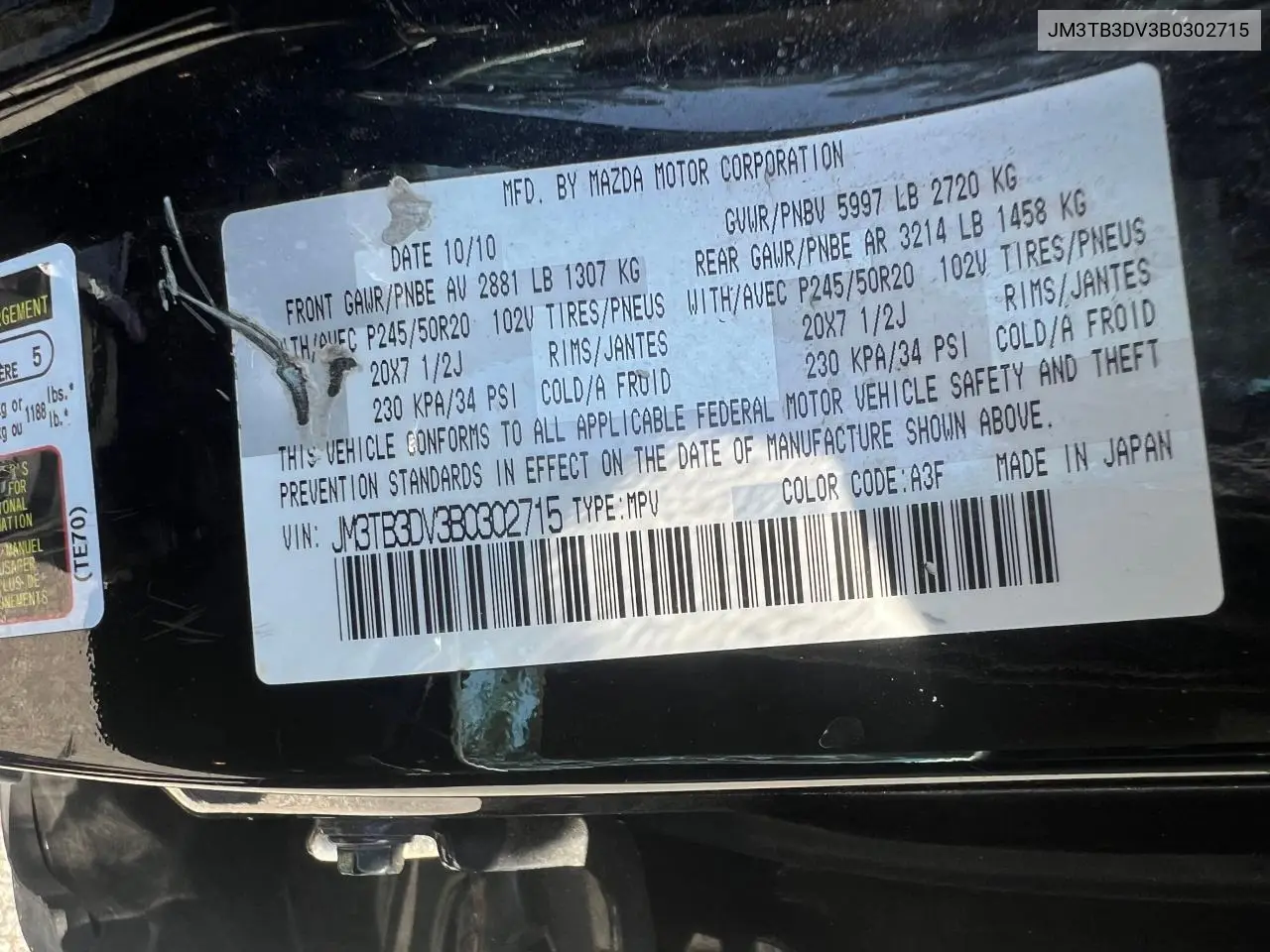 2011 Mazda Cx-9 VIN: JM3TB3DV3B0302715 Lot: 56952095