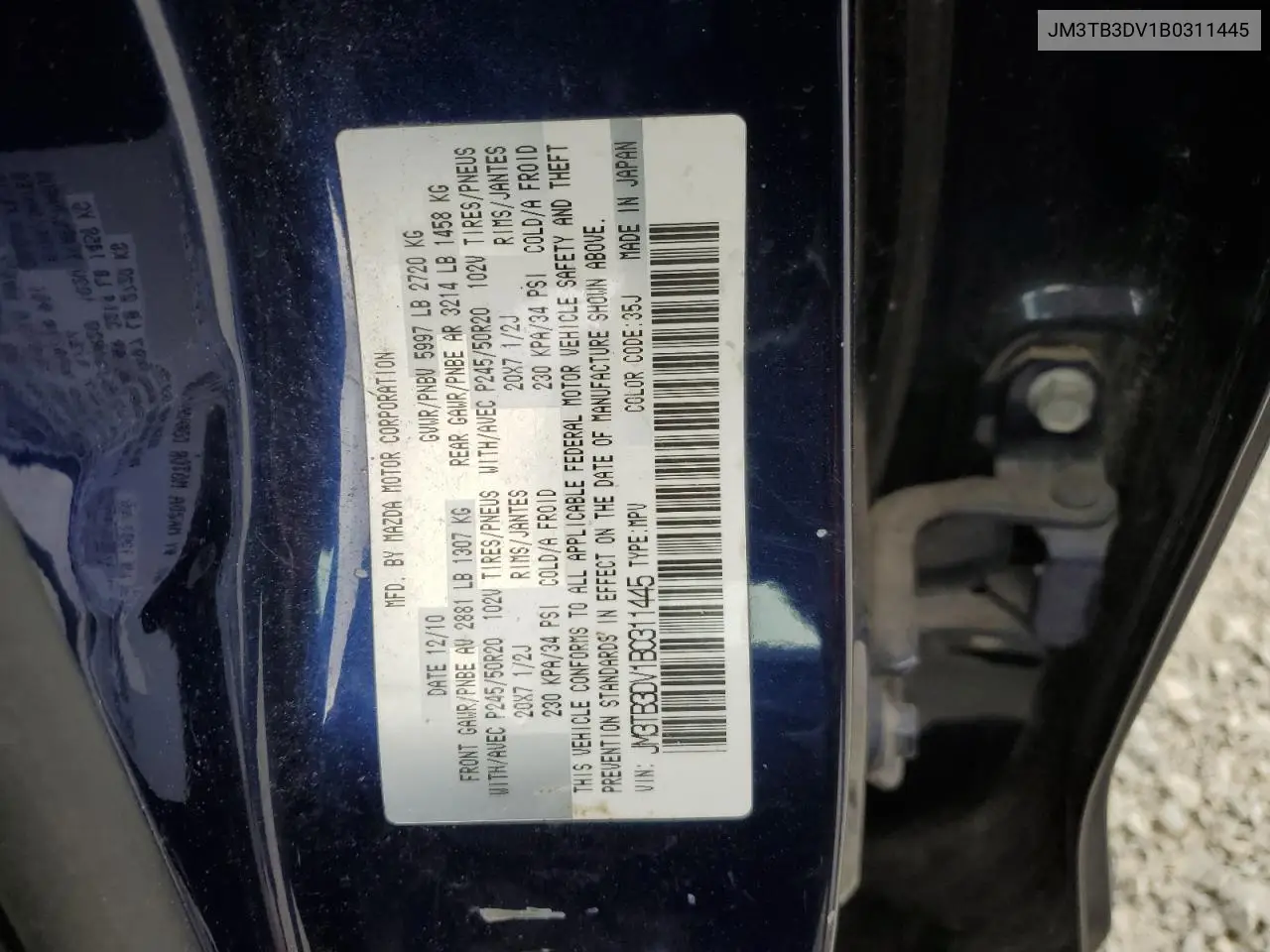 2011 Mazda Cx-9 VIN: JM3TB3DV1B0311445 Lot: 62597485