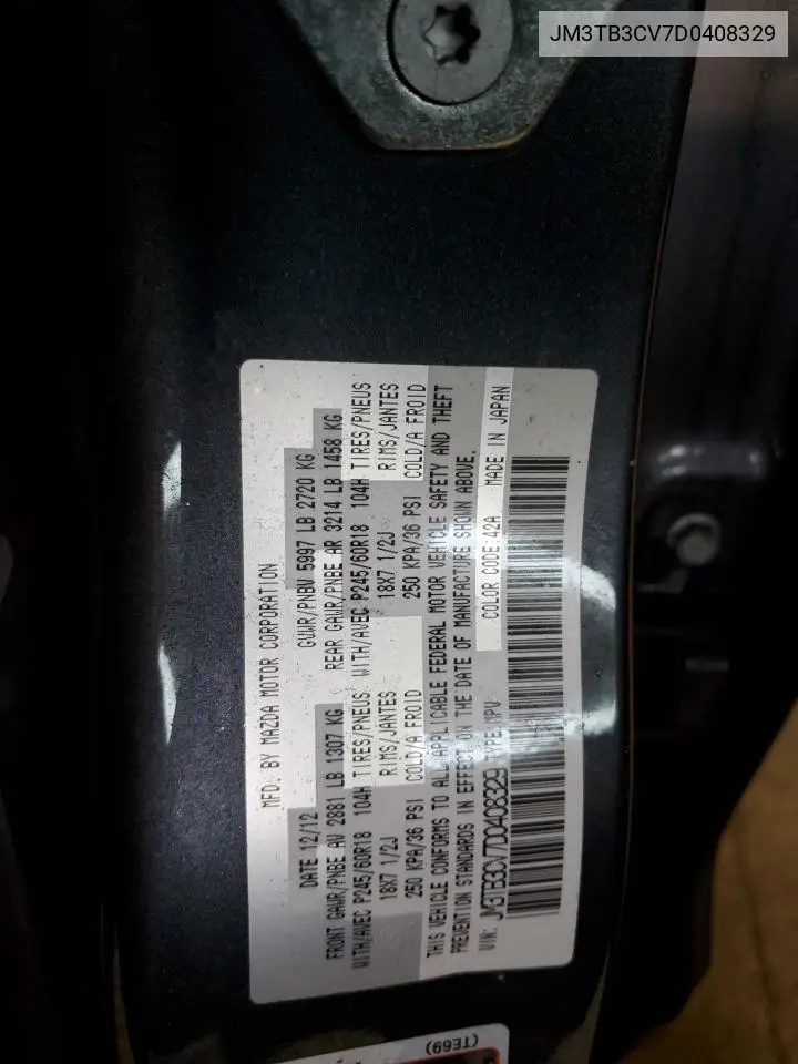 2013 Mazda Cx-9 Touring VIN: JM3TB3CV7D0408329 Lot: 56726215