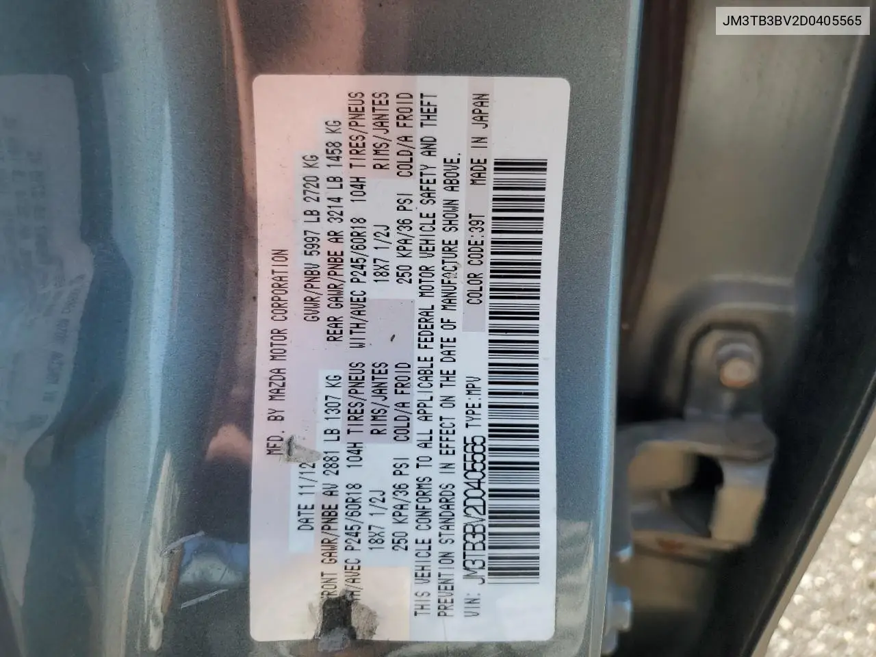 2013 Mazda Cx-9 Sport VIN: JM3TB3BV2D0405565 Lot: 62314455