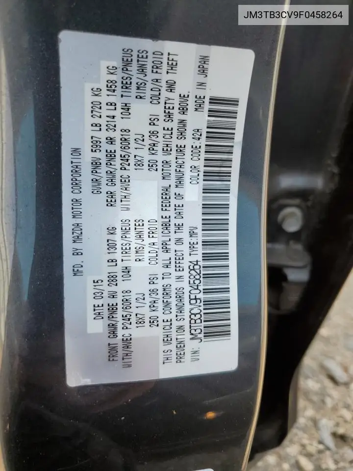2015 Mazda Cx-9 Touring VIN: JM3TB3CV9F0458264 Lot: 63001905