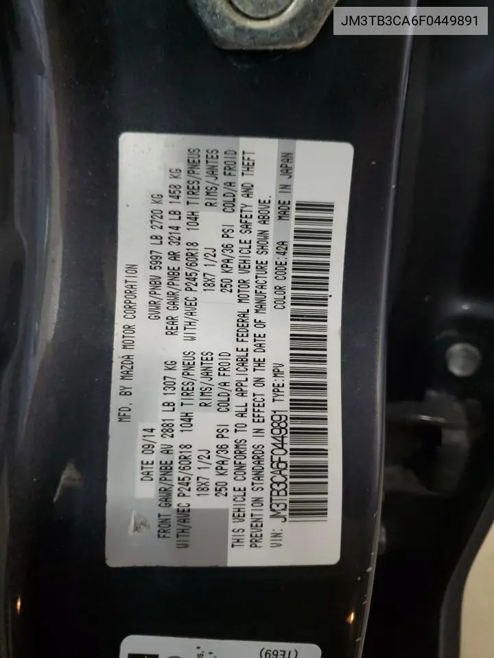 2015 Mazda Cx-9 Touring VIN: JM3TB3CA6F0449891 Lot: 63752895