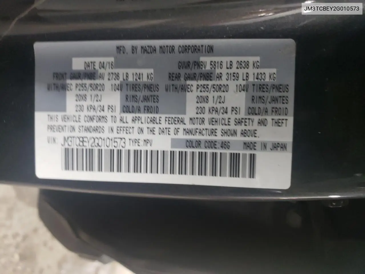 2016 Mazda Cx-9 Signature VIN: JM3TCBEY2G010573 Lot: 56156985