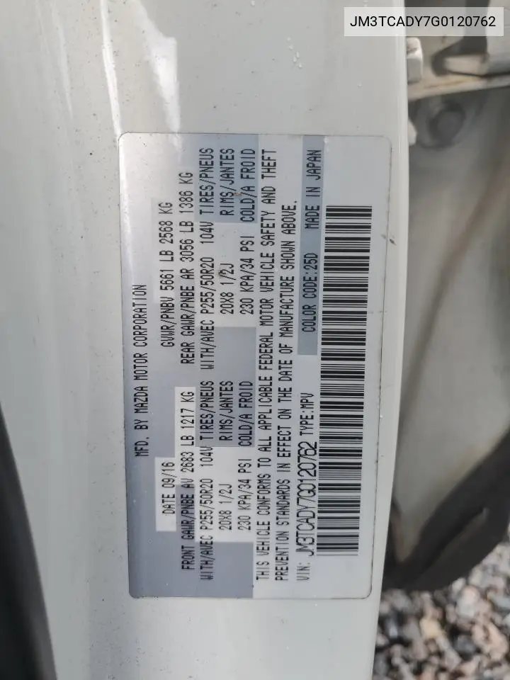 2017 Mazda Cx-9 Grand Touring VIN: JM3TCADY7G0120762 Lot: 63757635