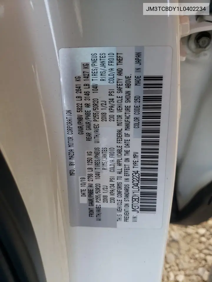 2020 Mazda Cx-9 Grand Touring VIN: JM3TCBDY1L0402234 Lot: 55904325