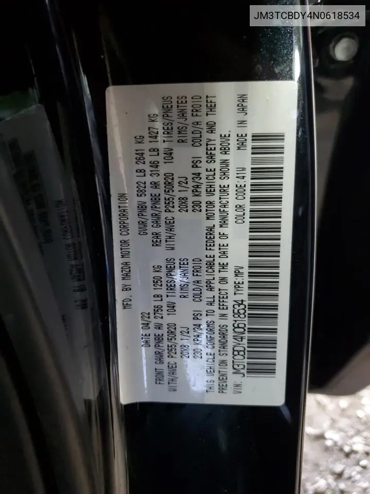 2021 Mazda Cx-9 Grand Touring VIN: JM3TCBDY4N0618534 Lot: 62548655