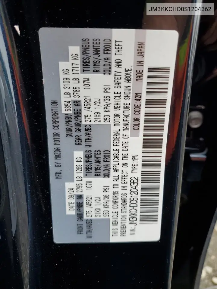 2025 Mazda Cx-90 Premium Sport VIN: JM3KKCHD0S1204362 Lot: 61021935
