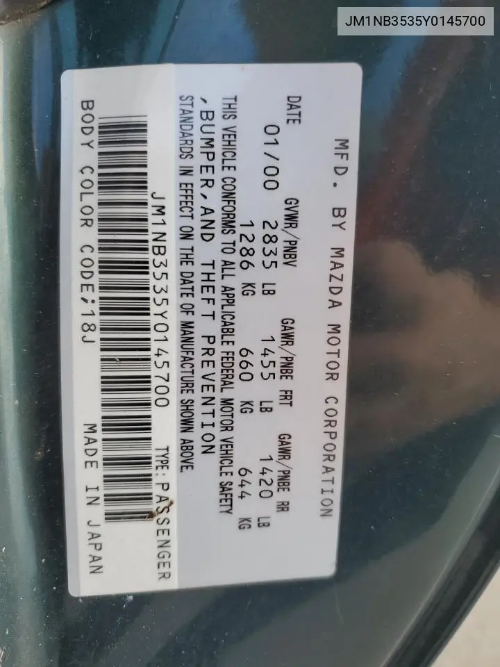 2000 Mazda Mx-5 Miata Base VIN: JM1NB3535Y0145700 Lot: 59627165