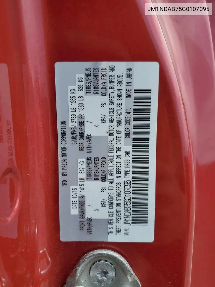 2016 Mazda Mx-5 Miata Sport VIN: JM1NDAB75G0107095 Lot: 61296705