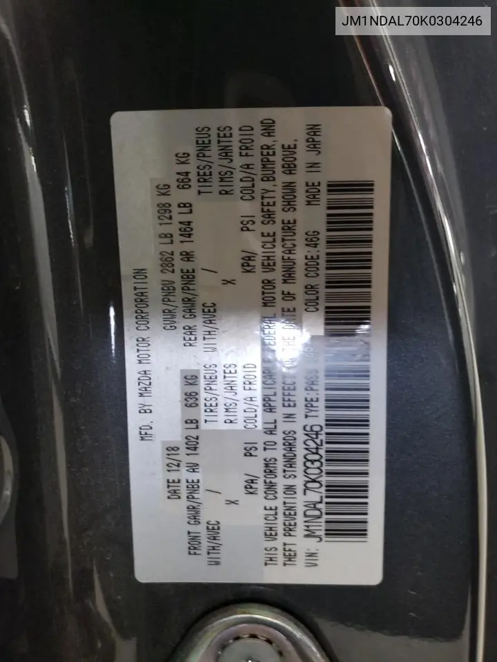 2019 Mazda Mx-5 Miata Club VIN: JM1NDAL70K0304246 Lot: 55688975