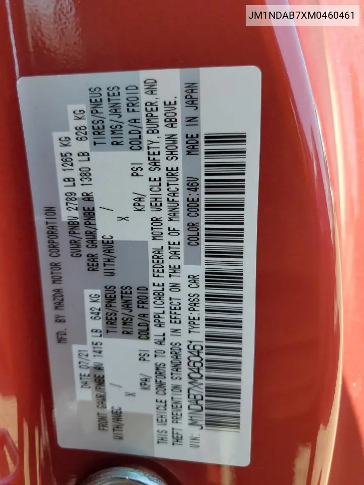 2021 Mazda Mx-5 Miata Sport VIN: JM1NDAB7XM0460461 Lot: 58770975
