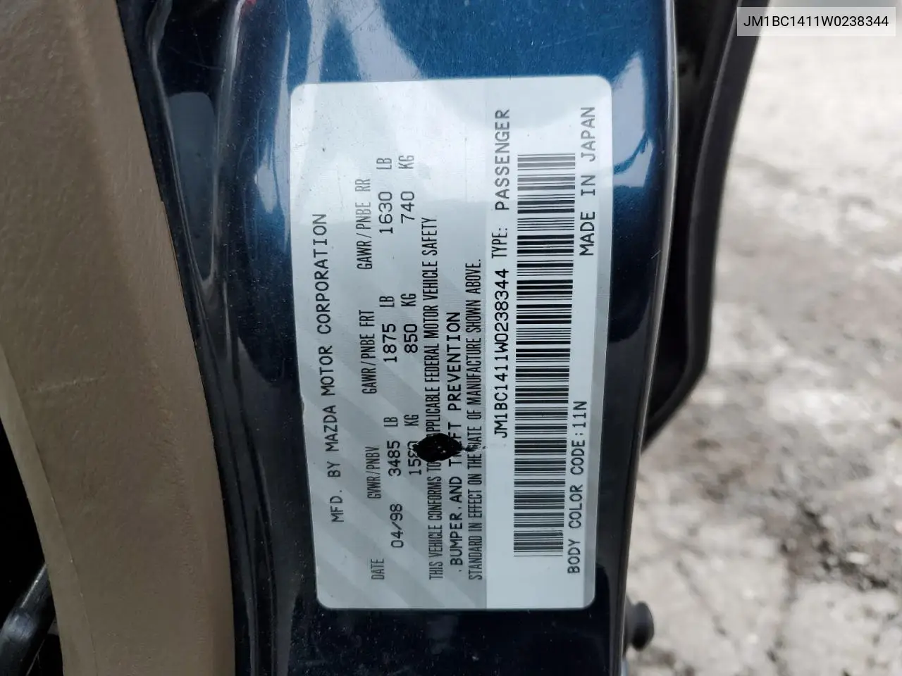 1998 Mazda Protege Dx VIN: JM1BC1411W0238344 Lot: 53330465