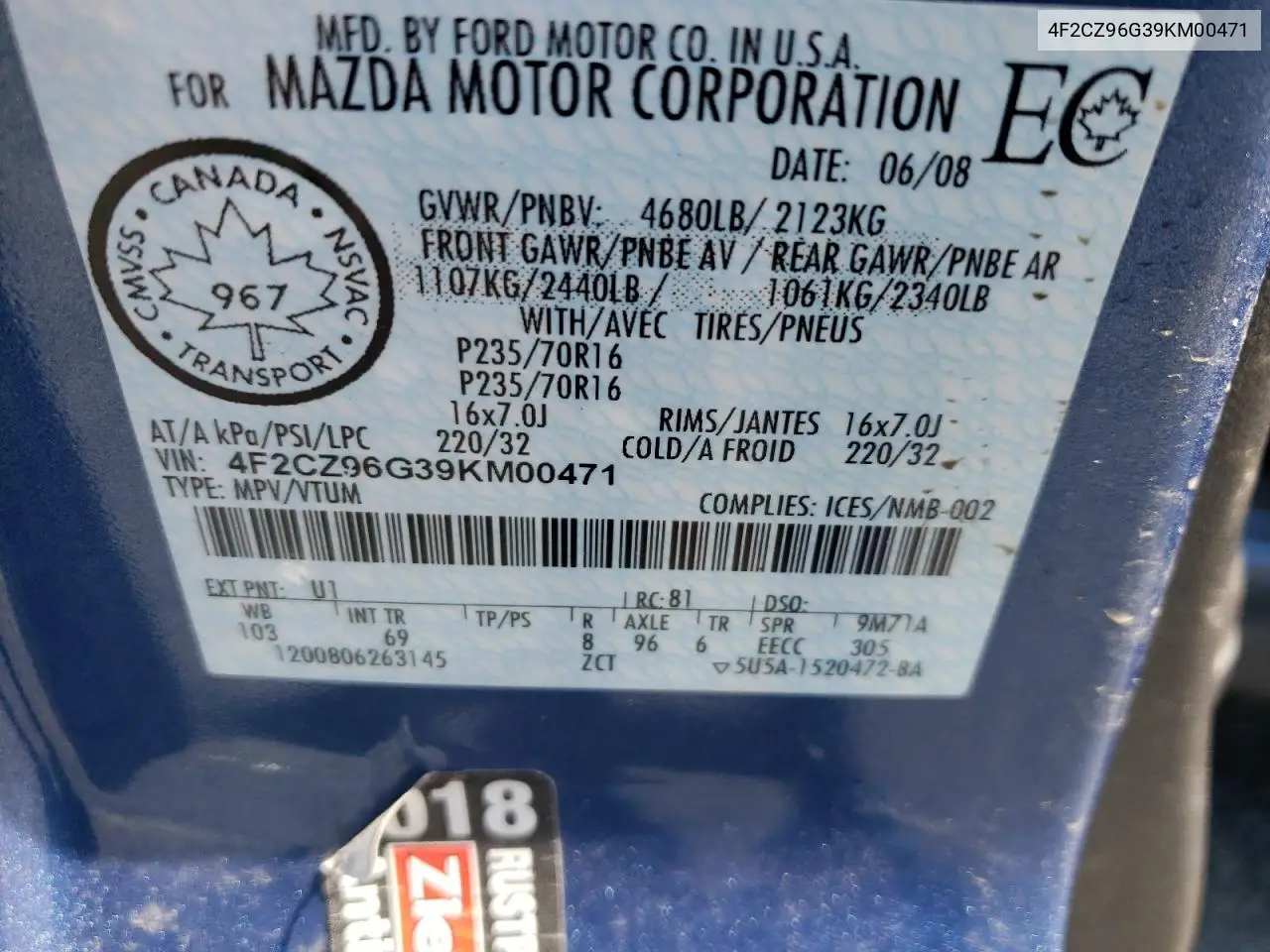 2009 Mazda Tribute S VIN: 4F2CZ96G39KM00471 Lot: 60091824