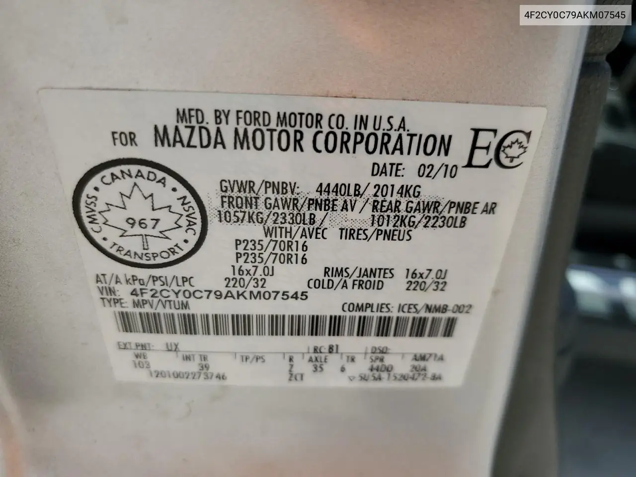 2010 Mazda Tribute I VIN: 4F2CY0C79AKM07545 Lot: 55640665