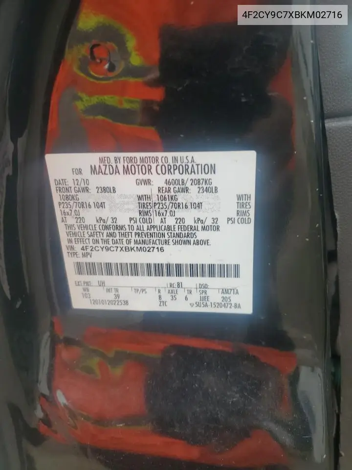 2011 Mazda Tribute I VIN: 4F2CY9C7XBKM02716 Lot: 60458885