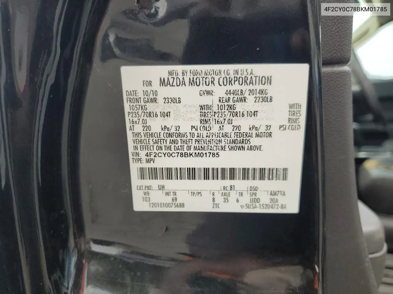 2011 Mazda Tribute I VIN: 4F2CY0C78BKM01785 Lot: 64456445